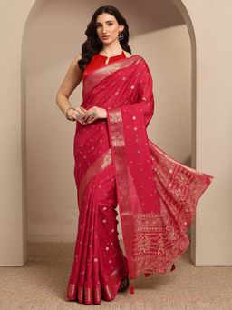 Libas - Red Woven Silk Blend Saree with Unstitched Blouse