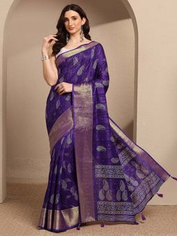 Libas - Purple Woven Silk Blend Saree with Unstitched Blouse