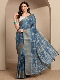 Libas - Blue Woven Silk Blend Saree with Unstitched Blouse
