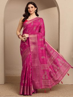 Libas - Pink Woven Silk Blend Saree with Unstitched Blouse