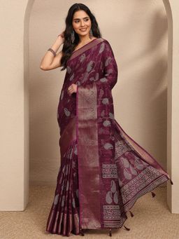 Libas - Burgundy Woven Silk Blend Saree with Unstitched Blouse
