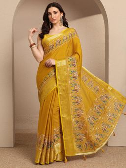 Libas - Mustard Printed Georgette Saree with Unstitched Blouse