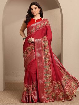 Libas - Red Printed Georgette Saree with Unstitched Blouse