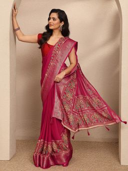 Libas - Pink Printed Georgette Saree with Unstitched Blouse