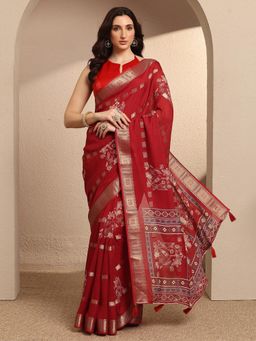 Libas - Red Printed Georgette Saree with Unstitched Blouse