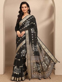 Libas - Black Printed Georgette Saree with Unstitched Blouse