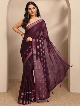 Libas - Burgundy Printed Georgette Saree with Unstitched Blouse