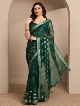 Libas - Green Printed Georgette Saree with Unstitched Blouse