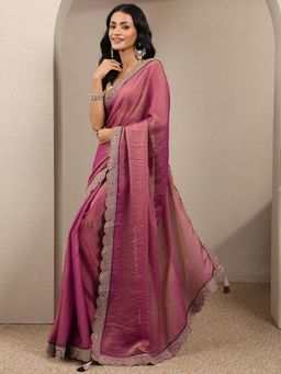 Libas - Mauve Embroidered Organza Saree with Unstitched Blouse