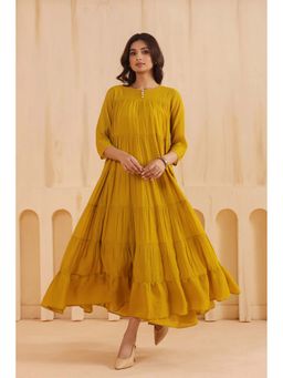 SAVI - Women Mustard Mal Chanderi Embroidered Flared Long Dress