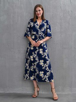 MANOJAVA - Women Rayon Blue Printed Trendy Dress