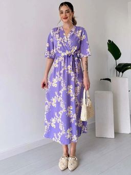 MANOJAVA - Women Purple Rayon Printed Trendy Dress