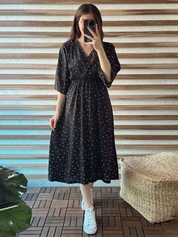 MANOJAVA - Women Rayon Black Printed Trendy Dress