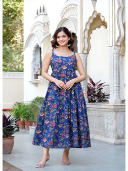 MANOJAVA - Women Rayon Printed Trendy Blue Dress