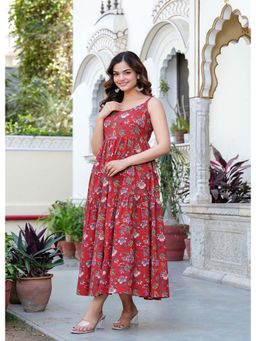 MANOJAVA - Women Red Rayon Printed Trendy Dress