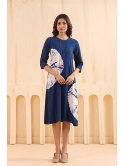 SAVI - Women Blue Cotton Flex Tie Dye Designer A-Line Dress