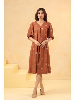 SAVI - Women Brown Cotton Embroidered Designer A-Line Dress