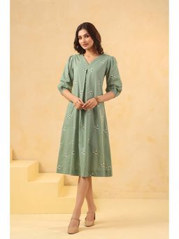 SAVI - Women Green Cotton Embroidered A-Line Dress