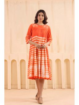 SAVI - Women Orange Cotton Embroidered Designer Dress
