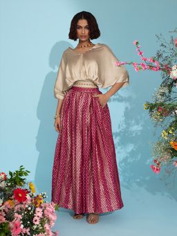 Gajra Gang - Banaras Maroon Modal Satin Top & Brocade Skirt GGLEH50 (Set of 2)