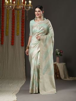 Akhilam - Womens Organza Sea Green Woven Design Designer Saree with Unstitched Blouse