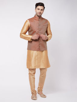 Vastramay - Men's Rose Gold Silk Blend Jacket & Kurta And Pyjama (Set of 3)