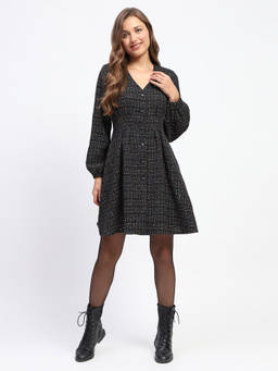 Madame - Black Self Design A-Line Mini Dress