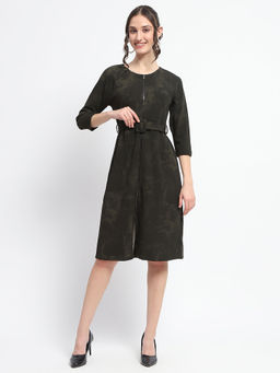 Madame - Green Printed A-Line Knee Length Dress with Belt (Set of 2)