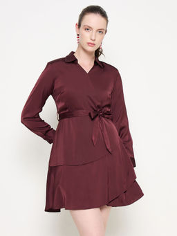 Madame - Brown Solid A-Line Mini Dress with Belt (Set of 2)