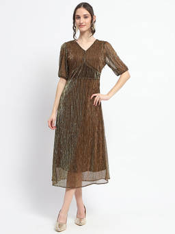 Madame - Gold Self Design A-Line Midi Dress