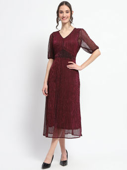Madame - Maroon Self Design A-Line Midi Dress