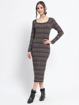 Madame - Multi-Color Checks Bodycon Midi Dress