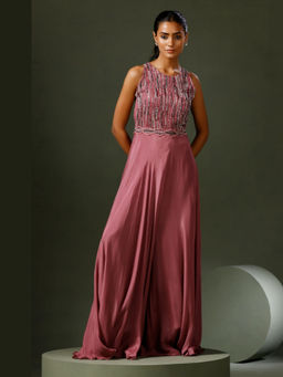 "Two Sisters" by Gyans - Dark Pink Antique Silver Embellished Jumpsuit