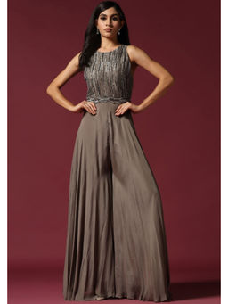 "Two Sisters" by Gyans - Grey Embroidered Chiffon Jumpsuit
