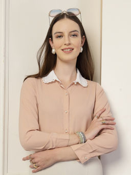 Style Quotient - Women Nude and White Solid Polyester Formal Shirt