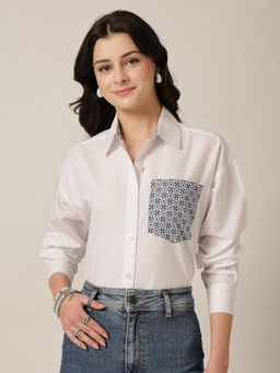 Style Quotient - Women Solid Oversize Shirt with Printed Pocket