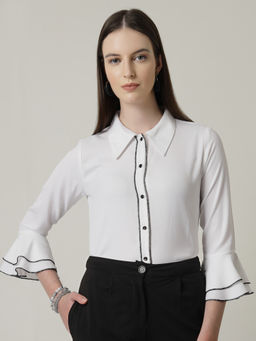 Style Quotient - Women Solid White Regular Fit Polyester Bell Sleeve Formal Shirt