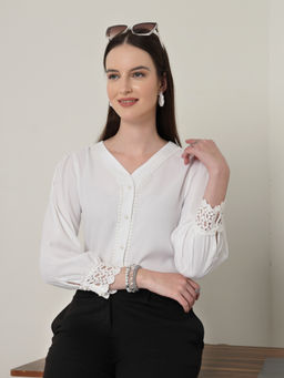 Style Quotient - Women Solid White Polymoss Regular Fit Formal Lace Insert Shirt