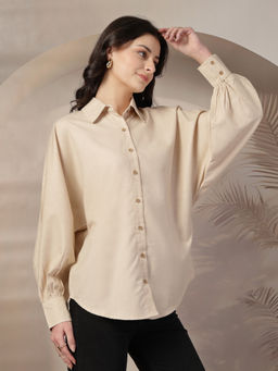 Style Quotient - Women Beige Polycotton Solid Oversize Smart Casual Shirt
