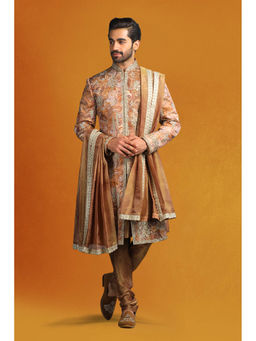 CHAR CHAAND - Copper Paisley Sherwani Set with Abstract Floral Motifs