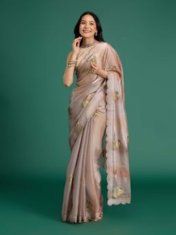 Gajra Gang - Beige Organza Sare with Unstitched Blouse