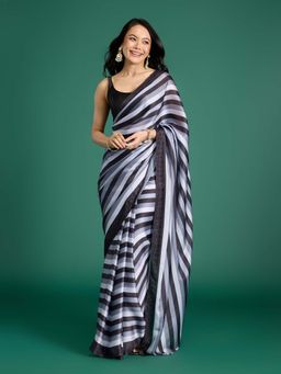 Gajra Gang - Grey Stripe Crystal Saree with Unstitched Blouse