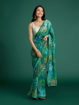 Gajra Gang - Teal Tie Dye Saree with Lace & Unstitched Blouse