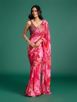 Gajra Gang - Fuchsia Tie Dye Saree with Lace & Unstitched Blouse