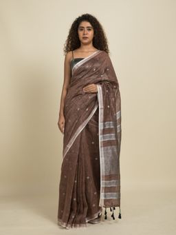 Suta - Brown and Silver Polka Linen Zari Saree