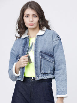 TOKYO TALKIES - Women Blue Washed Cotton Crop Denim Jacket