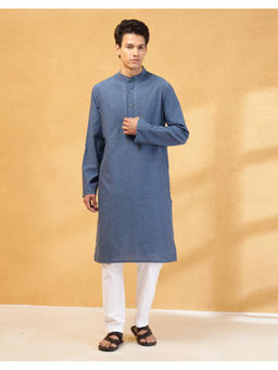 Fabindia - Blue Cotton Chikankari Slim Fit Long Kurta