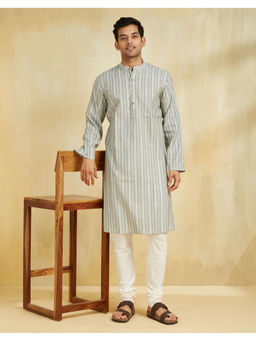 Fabindia - Green Cotton Striped Slim Fit Long Kurta