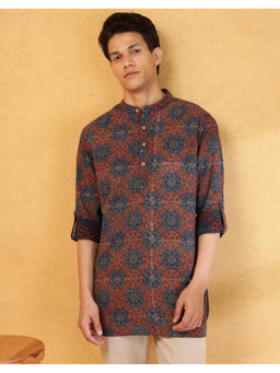 Fabindia - Blue Cotton Ajrakh Printed Slim Fit Short Kurta