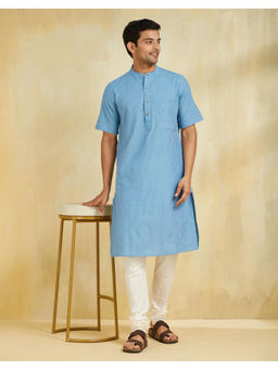 Fabindia - Blue Cotton Dobby Slim Fit Long Kurta